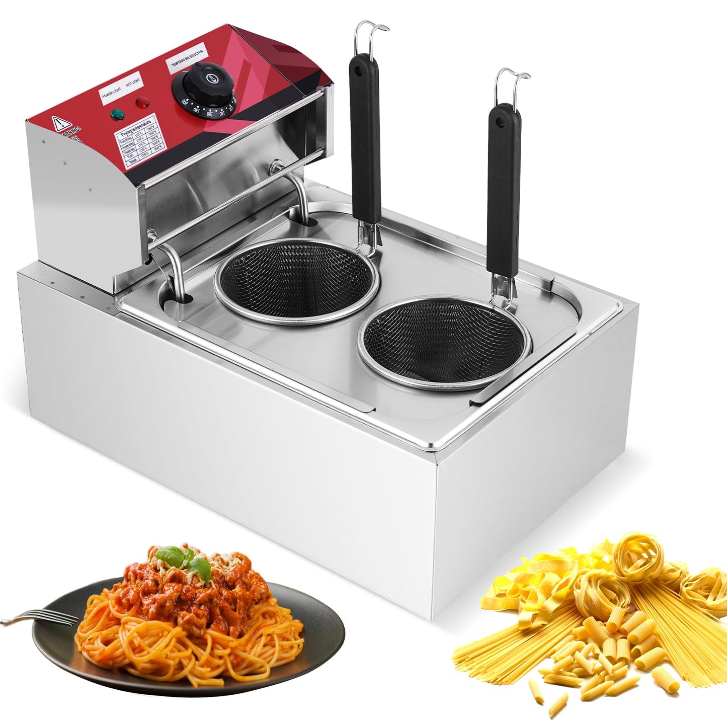 JIAWANSHUN 2 Holes Commercial Pasta Cooker,110V Stainless Steel Noodle Maker, Adjustable Temp (60-200℃/140-392°F), Fast Cooking for Restaurant Dumplings Vegetables