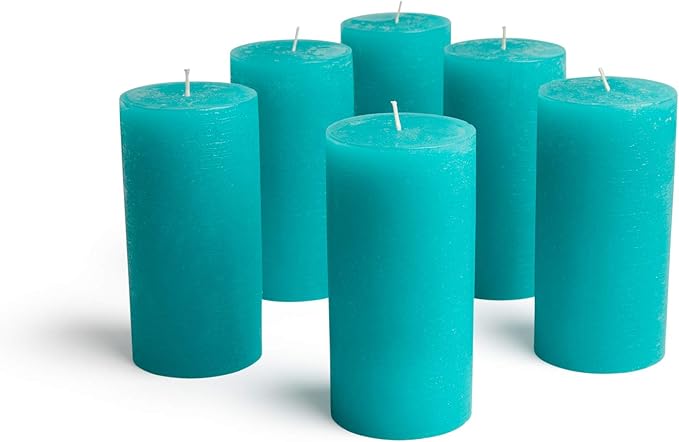 Mottled Pillar Candles by Bask - Set of 6-3" x 6" Dripless Unscented Candles in Turquoise for Home Decor, Relaxation & All Occasions