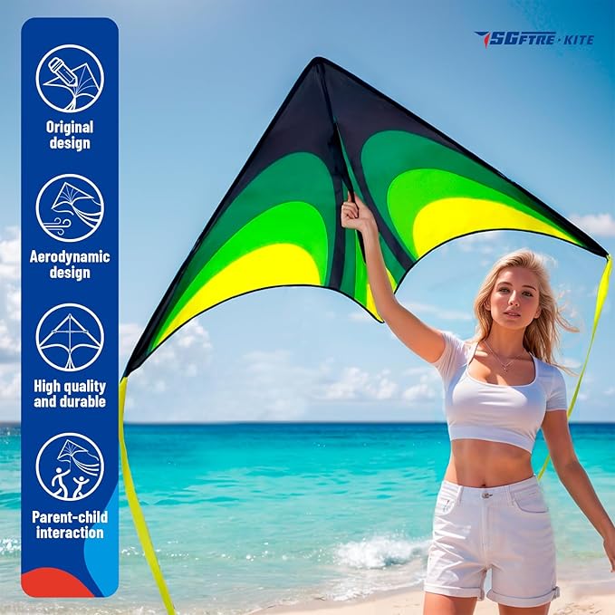 Two Piece Large Delta Kite for Kids & Adults Easy to Fly,Beach Trip Outdoor Games Single Line String with Tail,Easy Flying Colorful Life Delta Huge Kite(Green+Blue, 2)
