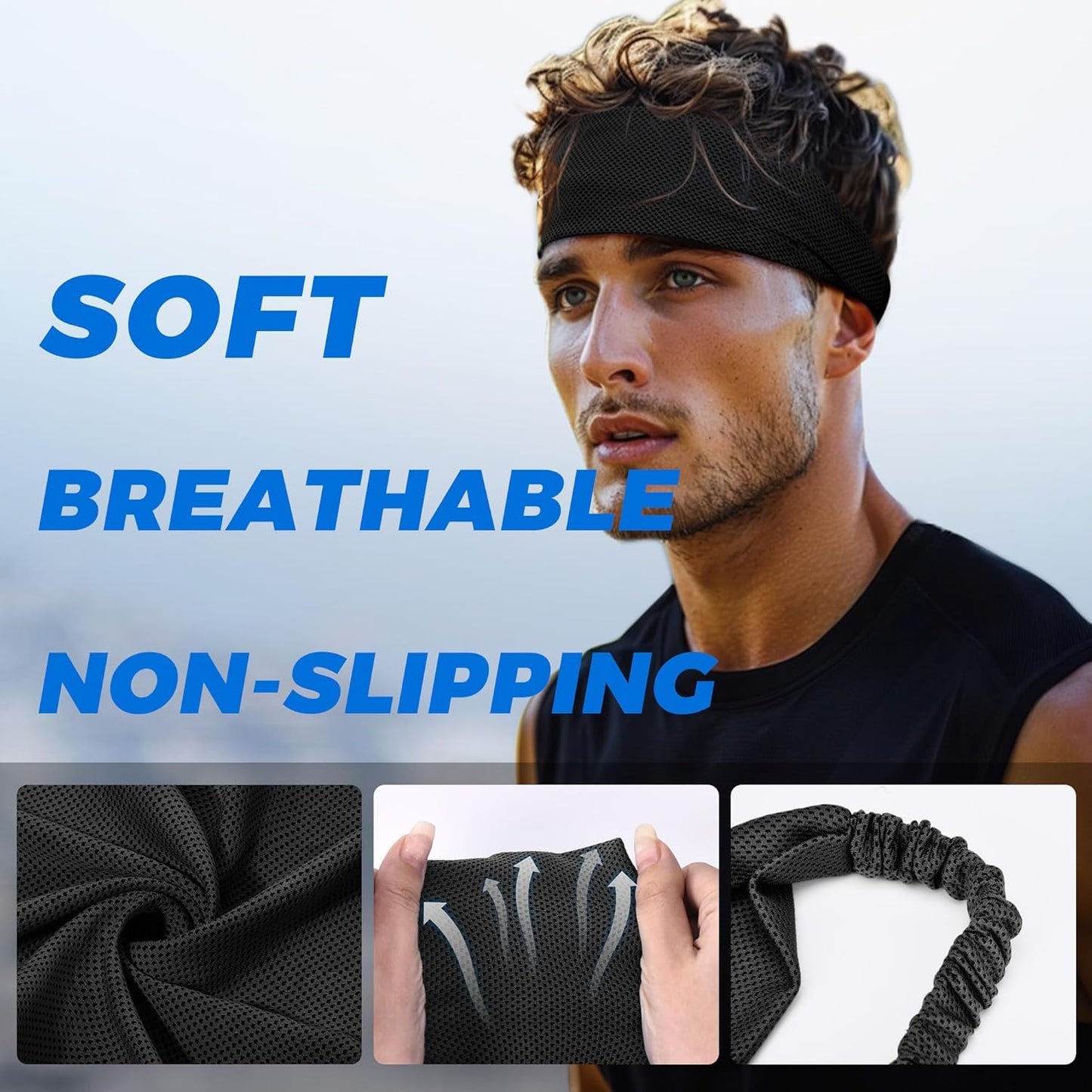 Wide Headbands for Men, Instant Cooling Elastic Non-Slip Workout Headbands, Moisture-Wicking Sports Sweatbands for Gym, Yoga, Running