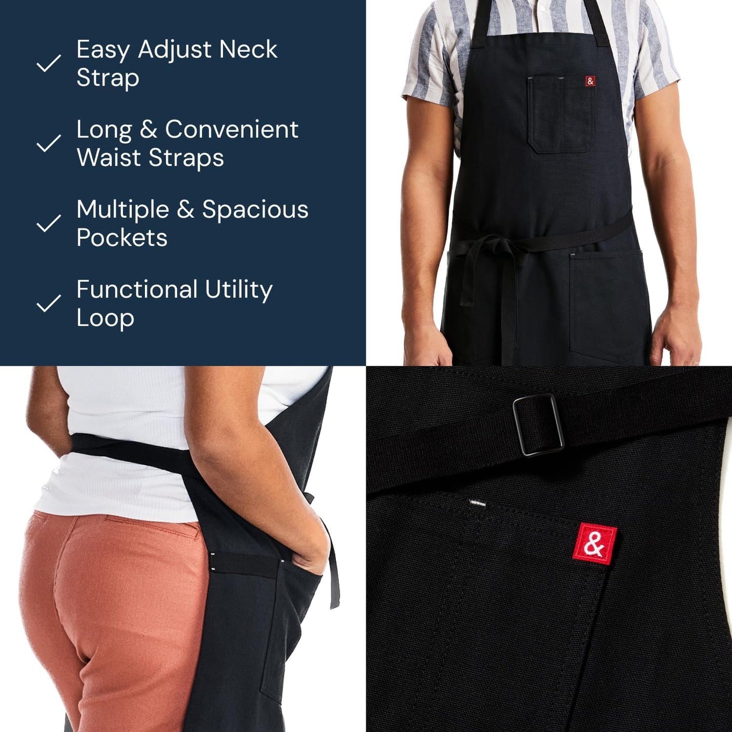 hedley & bennett Essential Apron - Adjustable Bib Chef Apron with 3 Pockets & Towel Loop - 8oz Cotton Canvas - Caviar