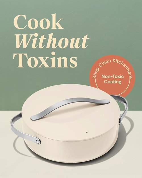 Caraway Rondeau - 6 Qt Non-Stick Pan with Lid - Chemical-Free for Searing & Roasting - Cream Color