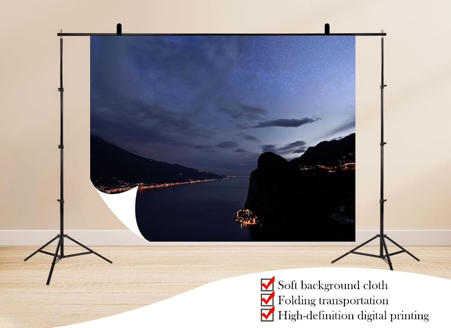 UPXIO 10x8ft Starry Lake Night Backdrop Mountain Lights and Starry Sky Photo Background Tapestry for Landscape