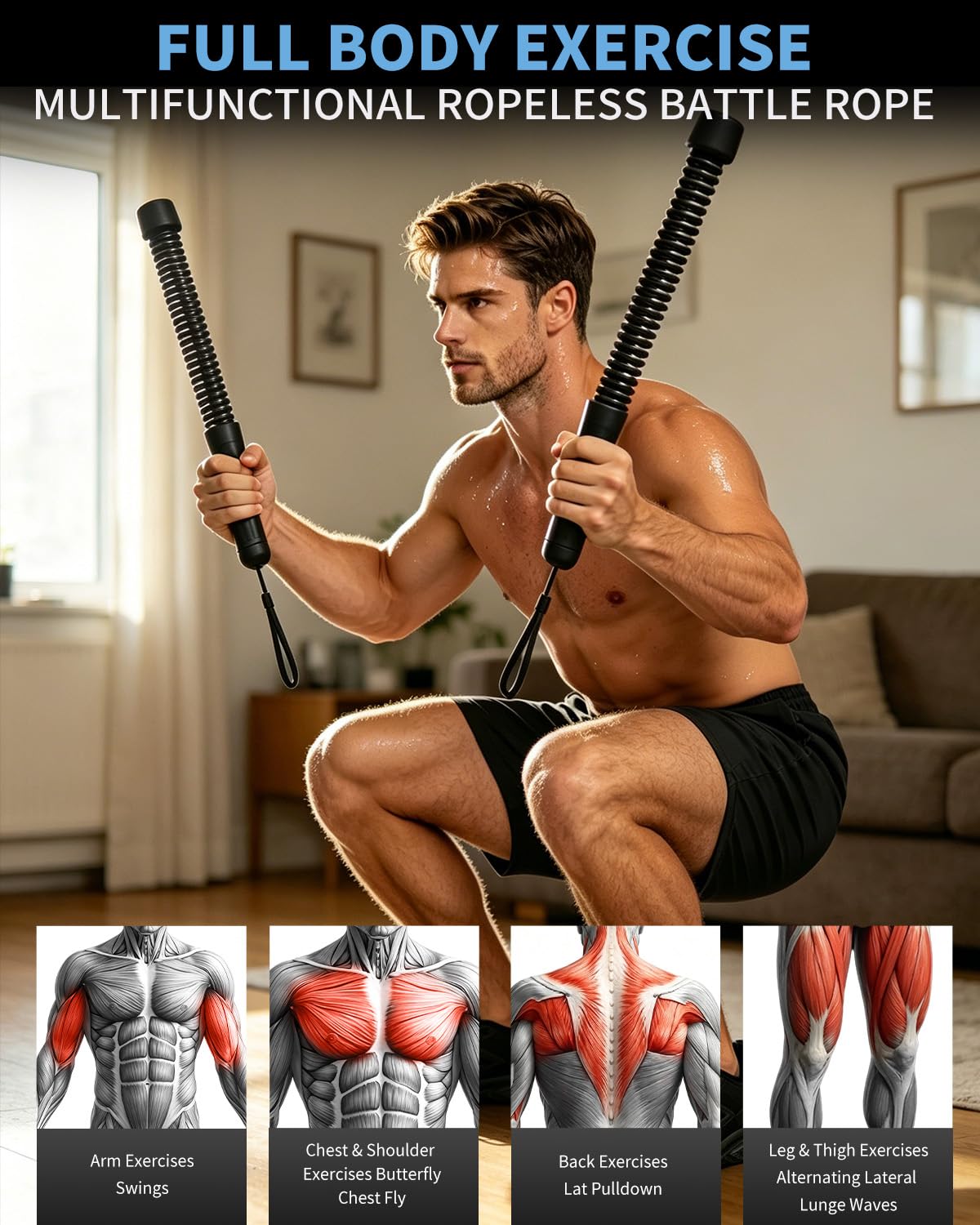PureWellness Battle Ropes, Weighted Ropeless Battle Rope with Adjustable Resistance Springs for Home Gym Exercise, Portable Workout Equipment for Strength Training & Cardio Fitness