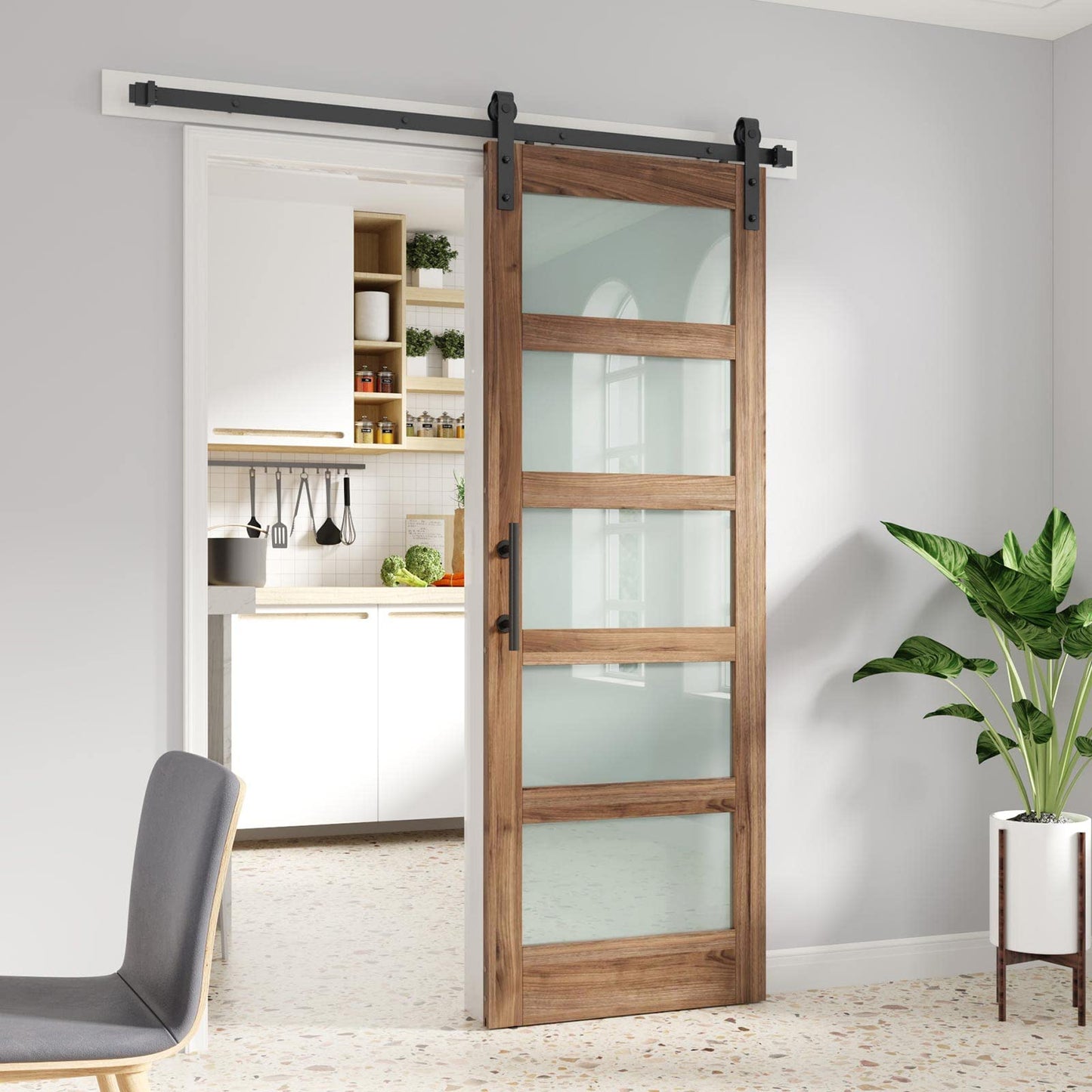 FREDBECK 32 x 84 inch Glass Barn Door with 5.5FT Barn Door Hardware Kit & Handle Included,5-Panel Frosted Glass,Water-Proof Surface,Pre-Drilled Holes,Need Assembly