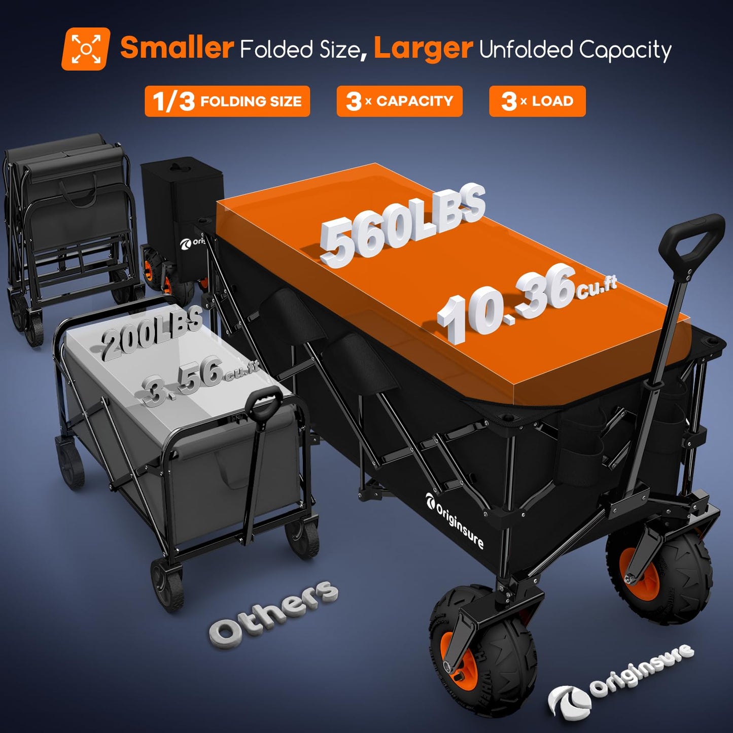 48"L Collapsible Beach Wagon with Big 10" Balloon Wheels for Sand, 560lbs Weight Capacity 300L Wagons Carts Foldable Heavy Duty with All Terrain Tires, Folding Cart for Camping, Grocery, Sport - Black