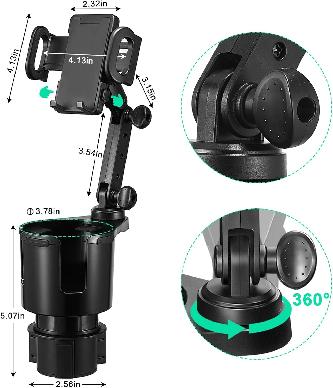 2-in-1 360 17 4.13", 3.78" This Hill Car Cup Holder Expander with Adjustable Base & Rotating Phone Mount, Compatible