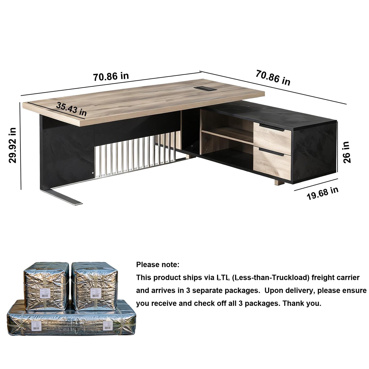 SAINTCY L-Shaped Executive Desk, Industrial Office Desk with Drawer & Cabinet, Large Wood Desktop, Unique Stainless Steel Privacy Screen (Right Return, 70.86")