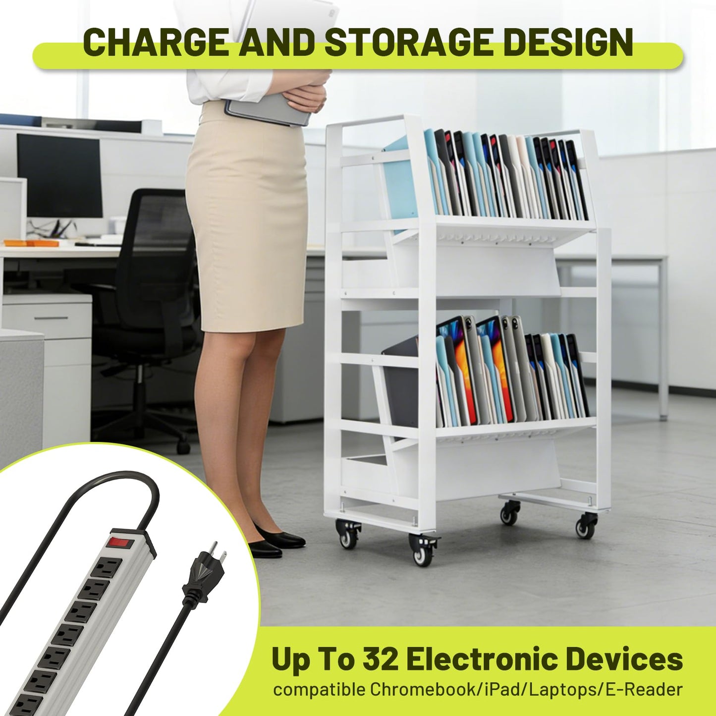 Hymula 32-Device Mobile Charging Cart for Laptops, Tablets, iPads & Chromebooks – Open Design with Removable Slots, Cable Management, Easy Access Storage for Schools & Offices