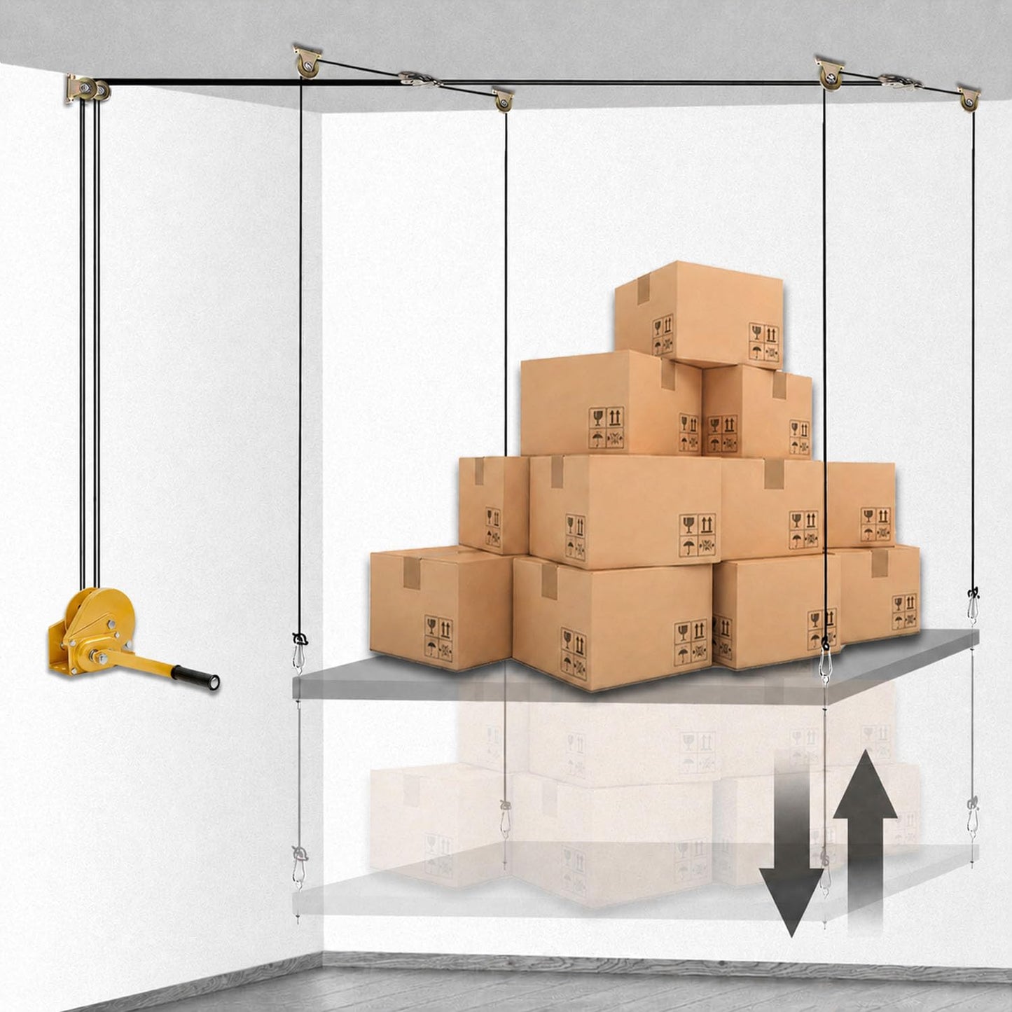 Overhead Garage Storage Lift - Heavy Duty Ceiling Mounted Garage Storage Lift System for Organization - 300lbs Weight, Supports 8-16ft Ceilings, Compatible Bronco, Weight, Wrangler (Deck Not Includ)