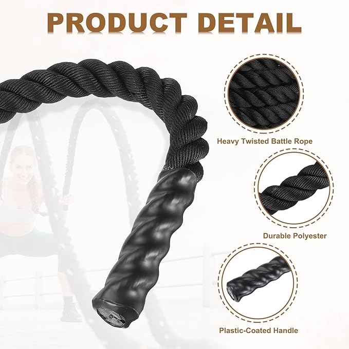 MECCANIXITY Battle Rope 40ft x 2 Inch Polyester Workout Rope Heavy Fitness Exercise Rope for Strength Training Home Gym Muscle Building, Black