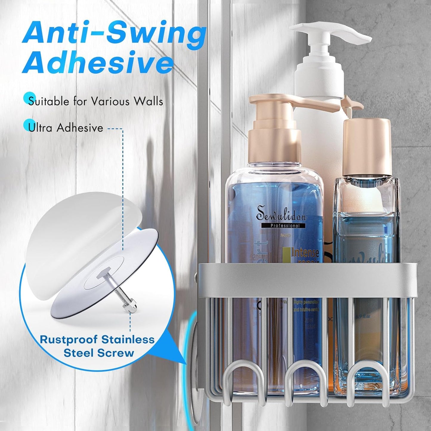 Sewulidon Aluminum Alloy Shower Caddy - Rustproof Hanging Organizer with Adjustable Height & Hooks