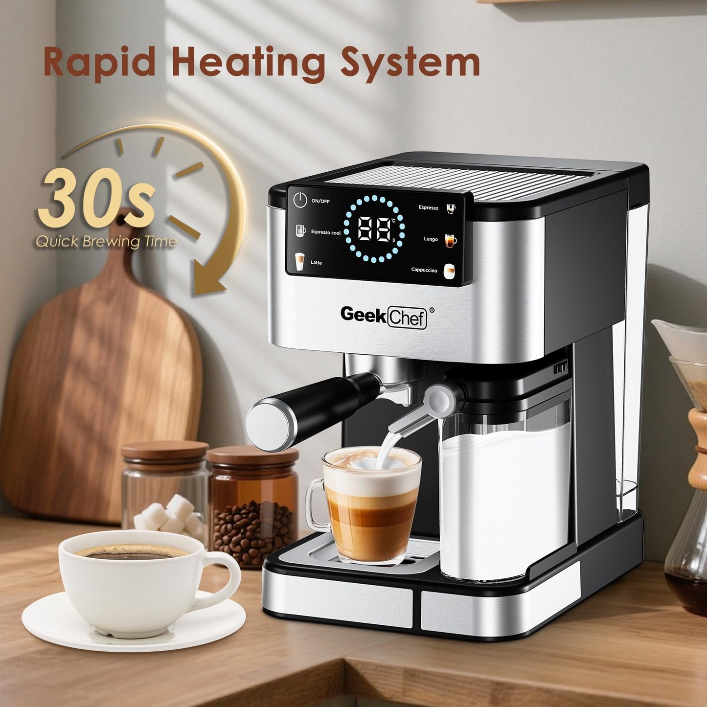Geek Chef Espresso Machine, 20 Bar Espresso and Cappuccino Coffee Maker, Quick Heating Automatic, Latte & Cappuccino Creator, for Home, for Gift to Family, Friends, Coffee Shops
