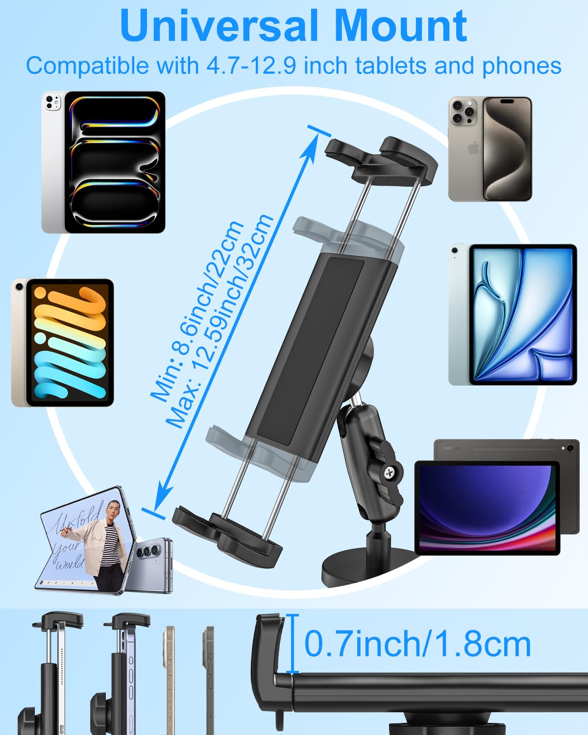 Kolasels Magnetic Tablet Holder with Adjustment Arm, Heavy Duty Metal Magnetic Tablet Mount for Cabinet/Fridges/Whiteboard/Gym Equipment/Metal Surface/Gym, Compatible with iPad, iPhone, 4-13" Devices