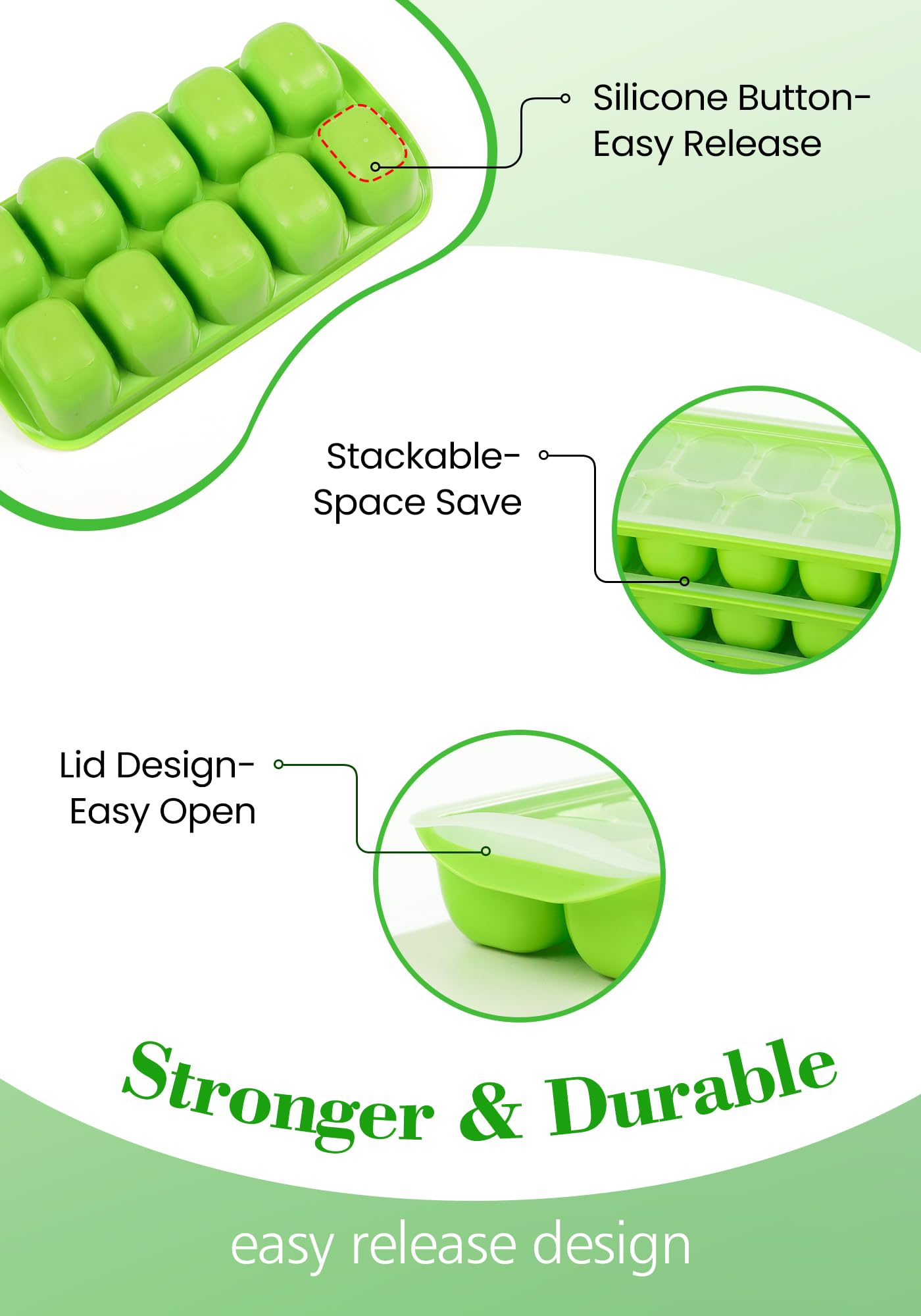 DOQAUS Ice Cube Tray with Lid and Bin - 4 Pack Ice Bucket Kits, Stackable Silicone Ice Trays for Freezer, Easy Pop Out, BPA Free for Cocktail, Coffee, Soup, Food, RV, Kitchen