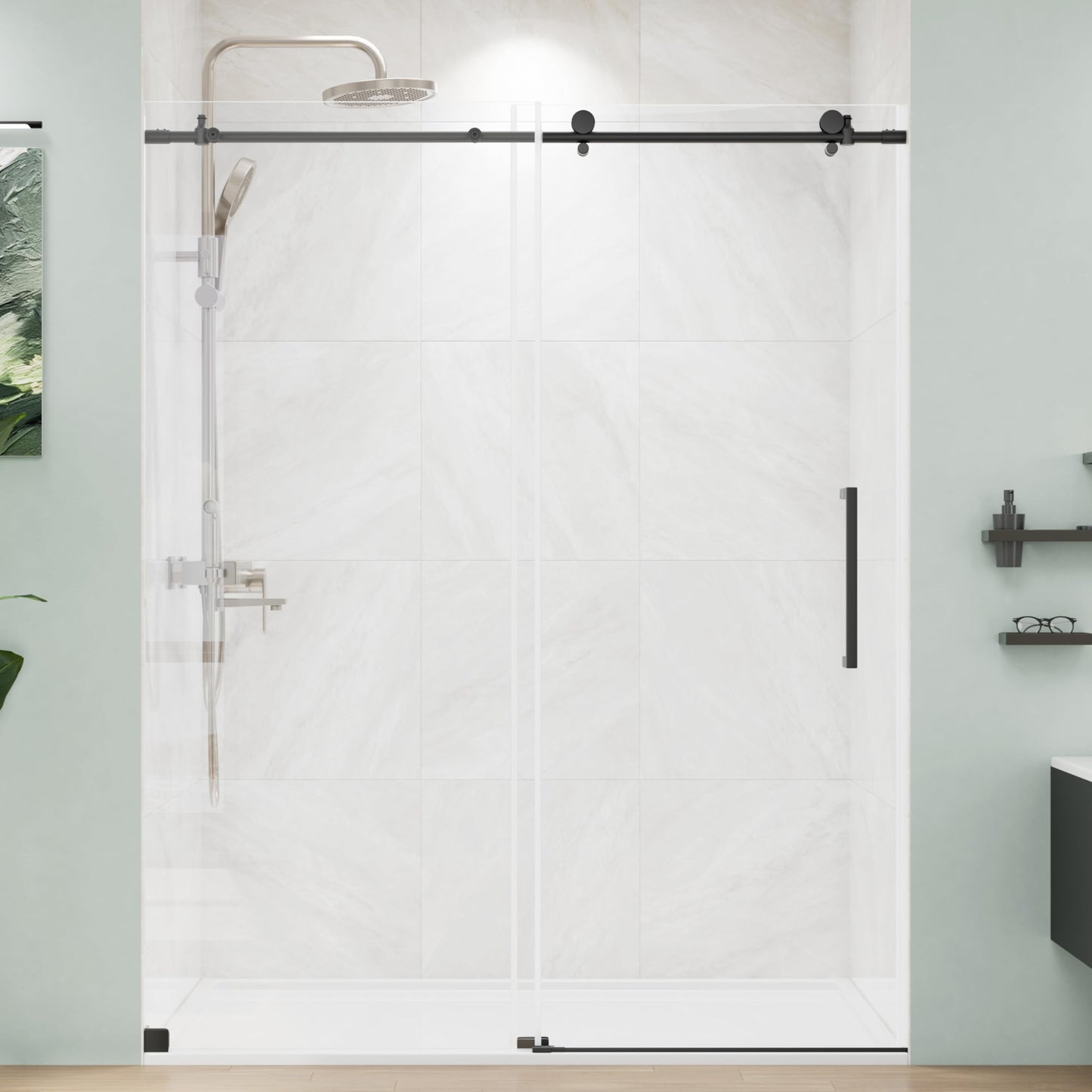 MORDEER Sliding Shower Door 56-60" W x 72" H, Frameless Glass Shower Door 5/16"(8mm) SGCC Tempered Clear Glass with Explosion-Proof Film, Shower Sliding Door with Stainless Steel Hardware, Matte Black