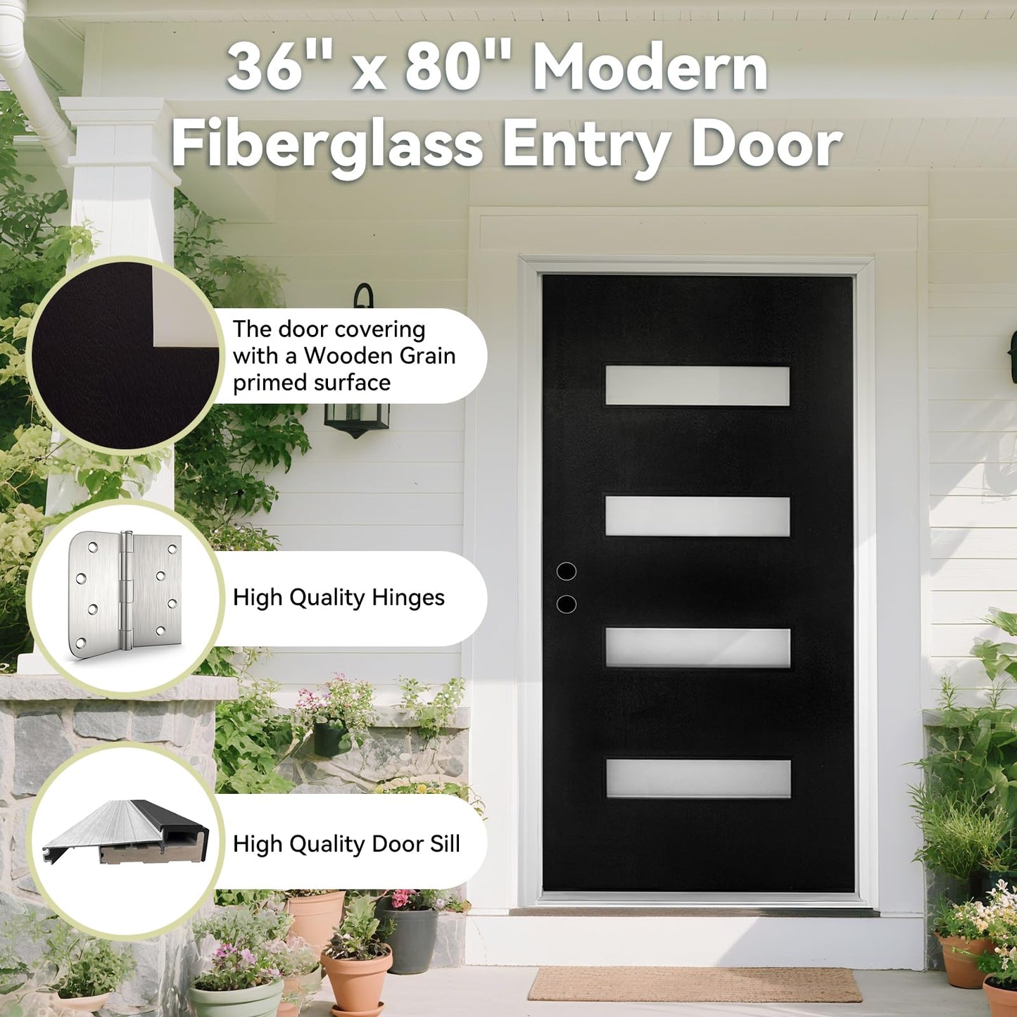 Fiberglass Exterior Door 36" x 80" with Frosted Glass and Brickmould, Right-Hand Inswing Front Door, Black Finish Knock-Down with White 4-9/16’’ Vinyl Frame for Residential Use