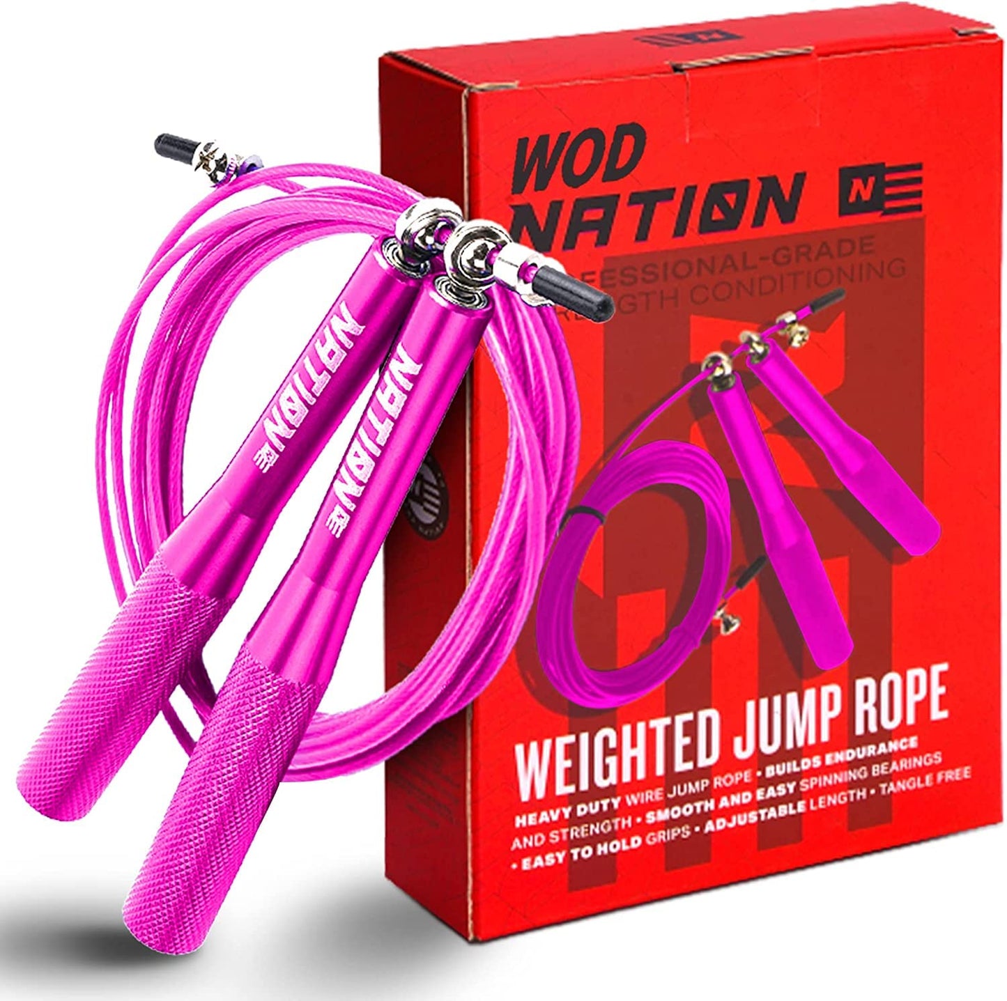WOD Nation Adjustable Jump Rope - Aluminum Speed Rope & 360° Smooth Rotation - Durable Alloy Steel Handles for Fitness - 10 ft Adjustable Length for Boxing Workouts - Pink, Alloy Steel