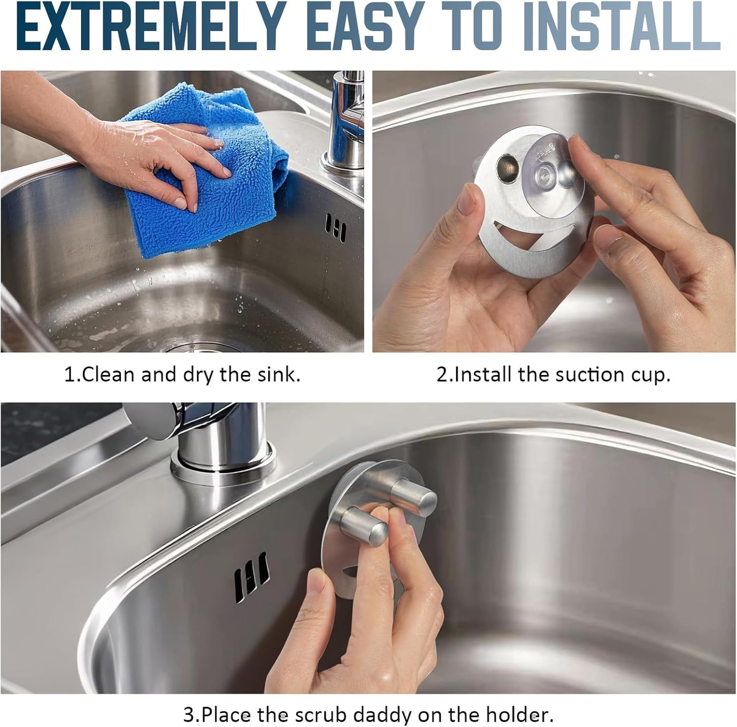 Yoshiky Stainless Steel Smiley Face Dish Sponge Holder - Silver Sink Caddy Organizer with Suction Cup for Kitchen