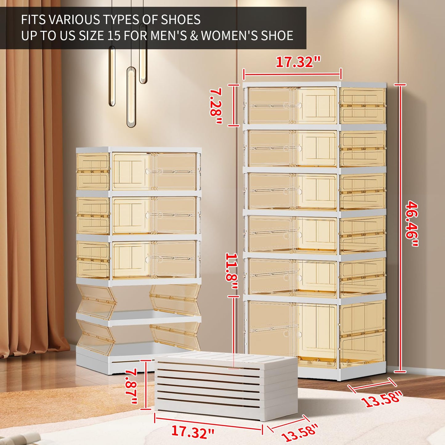 EHAMILY 6 Tiers 6-12 Pairs Foldable Shoe Boxes Large Plastic Shoe Storage Rack Collapsible Shoe Organizer for Closet Tall Shoe Shelf Clear Stackable Shoes Cabinet with Doors Entryway