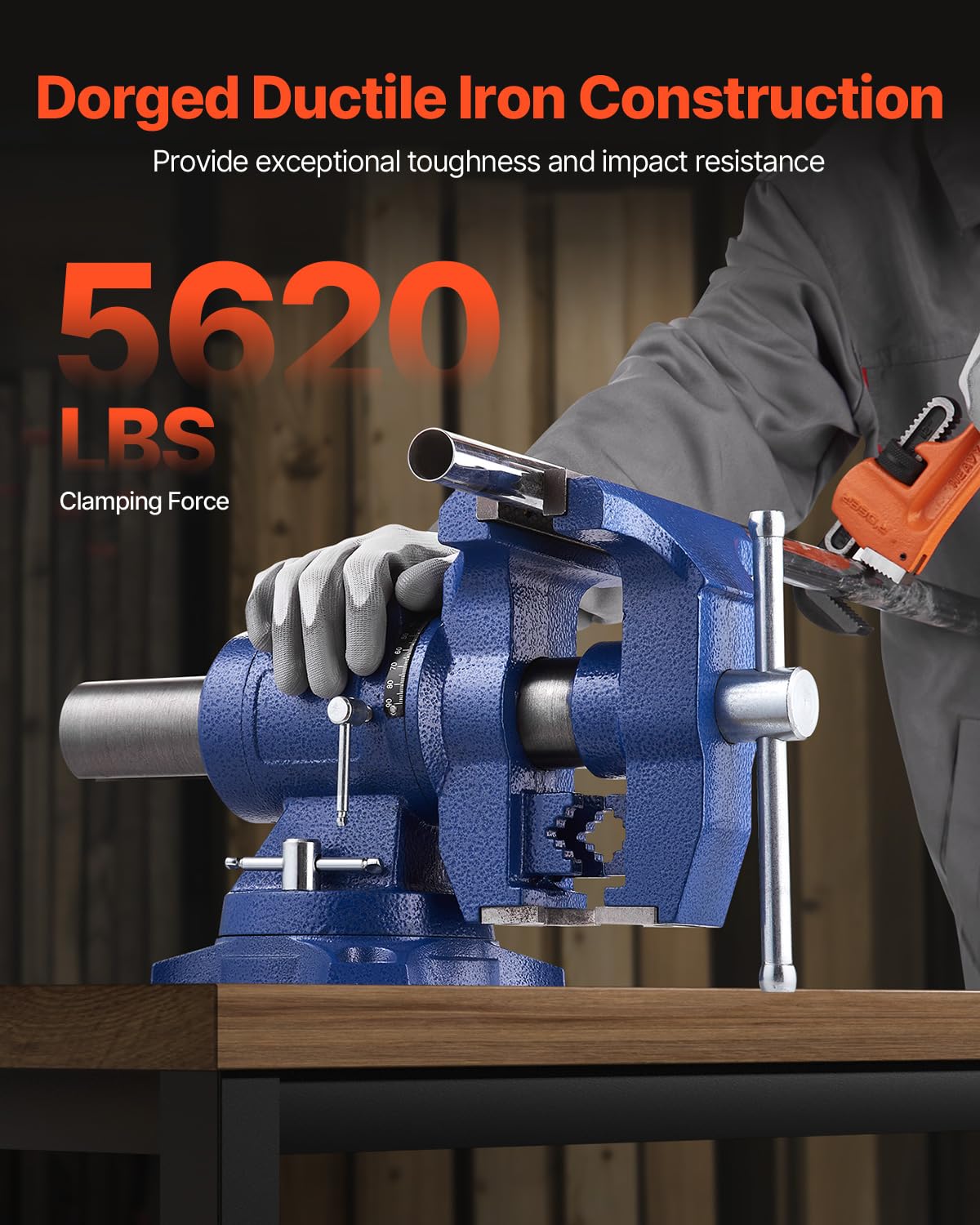 VEVOR Heavy Duty Bench Vise, 6.5 Inch Jaw Width, 5 Inch Max Opening, Multi-Purpose Ductile Iron, Anvil, 360° Swivel Base, 5620 Lbs Clamp Force