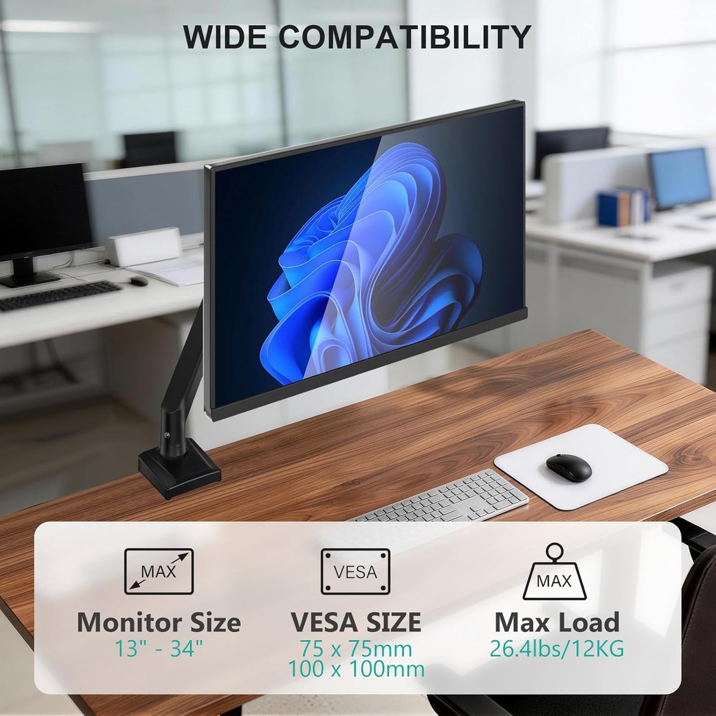 WALI 13-34 inch 32 inch, 26.4lbs, 75/100mm (GSMP001N), Single Monitor Mount for Screens, Adjustable Single Monitors