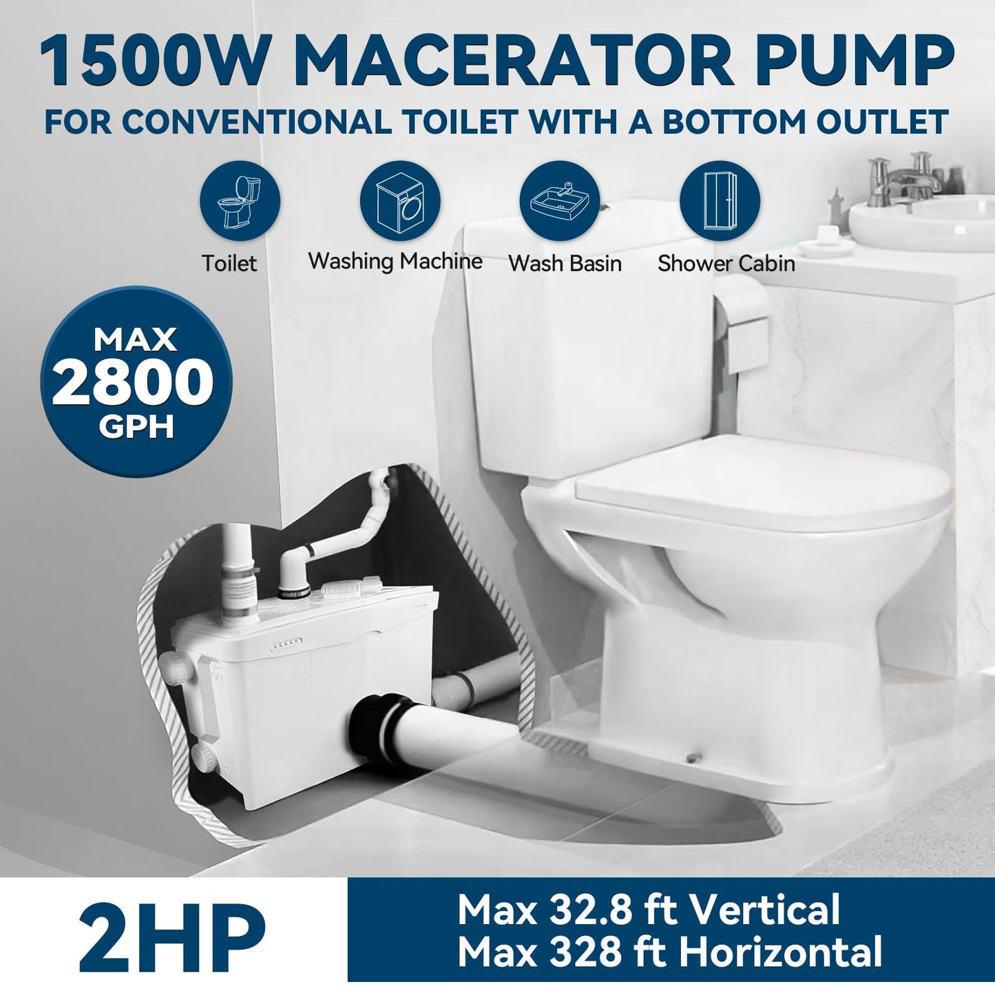 1500W Macerator Pump for Conventional Toilet with A Bottom Outlet Toilet Pump Upflush to 32.8FT 2800GPH Utility Sink Pump 4 Water Inlets 2 Outlets Macerating Toilet System for Toilet Shower Kitchen