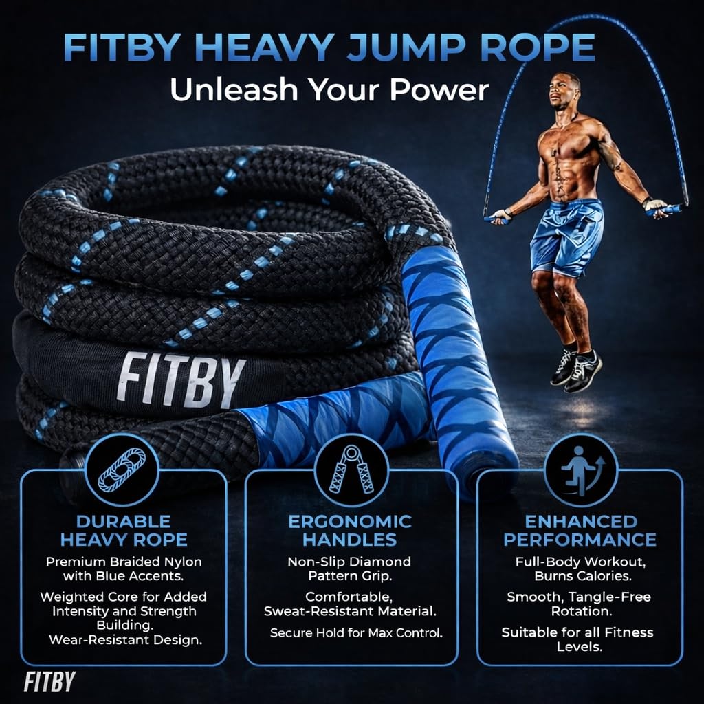 Weighted Jump Rope - 2.9lbs, 9.9 Feet Long Jump Ropes for Fitness, Home Workout Rope, Skipping Rope for Exercise, Total Body Workout Equipment, Durable Jumping Rope by Fitby