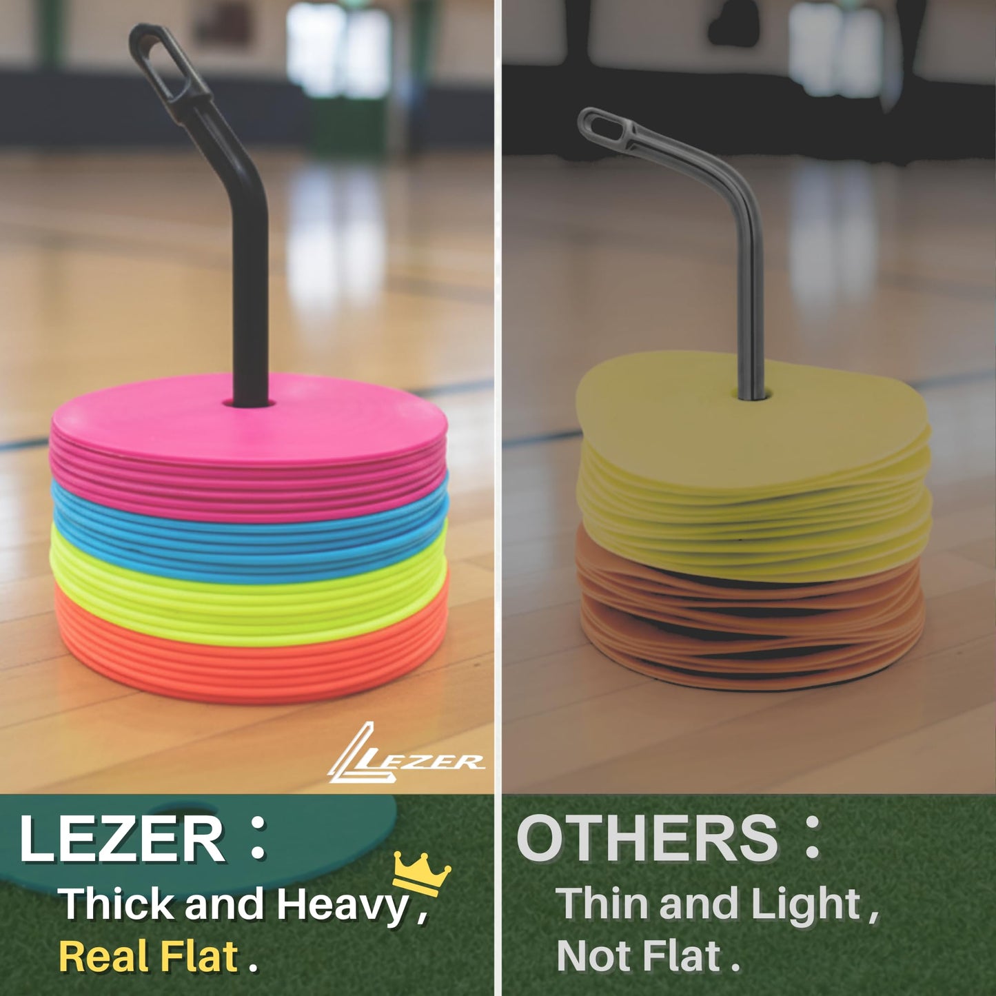 LEZER 6 Inch Flat Cones, Spot Markers, Soccer Cones, Field Court Markers, Sit Spots, Flat Discs, Soccer Training Equipment, Agility Practice, Football, Made in Taiwan, Set of 48