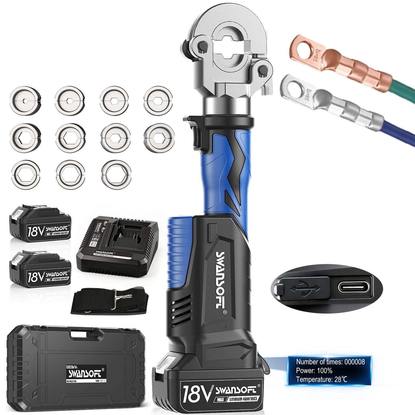 SWANSOFT Electric Hydraulic Crimping Tool, 6Ton 6AWG-600MCM Continuously Crimp Hydraulic Wire crimper for Cu/Al Terminal, Crimp 30000 Times Wire Cable Lug Crimping Tool Kit with 11 Dies (600B)
