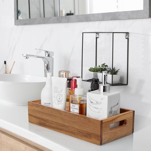 ALELION Acacia Wood Bathroom Storage Basket - Stylish Toilet Paper Organizer with Handle | Small Narrow Design for Versatile Use
