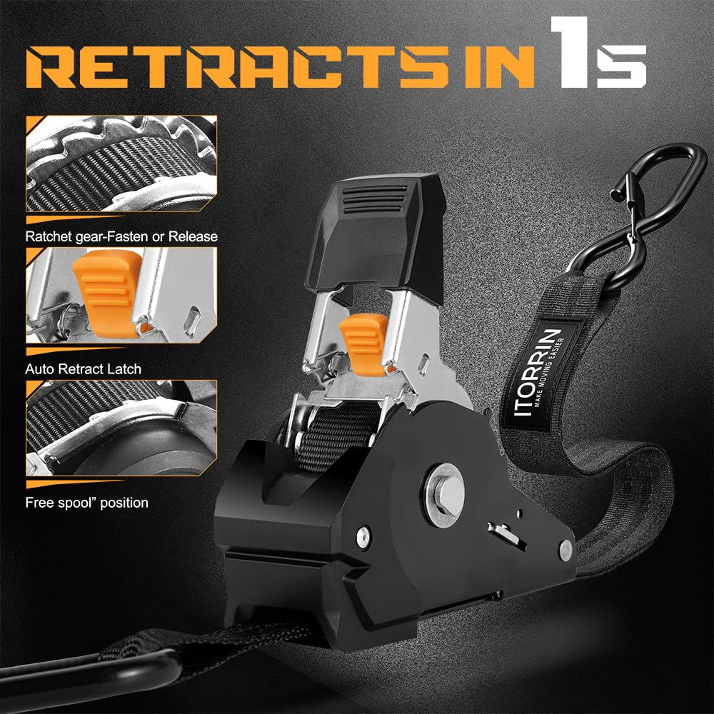 Retractable Ratchet Straps - 4 Pack 1inch x 10ft Auto Tie Down with Soft Loops - Black - 1650 Lbs Break Strength - Self Retracting for Motorcycle, ATV, Truck, Cargo, Trailer, Boat, Kayak, Furniture