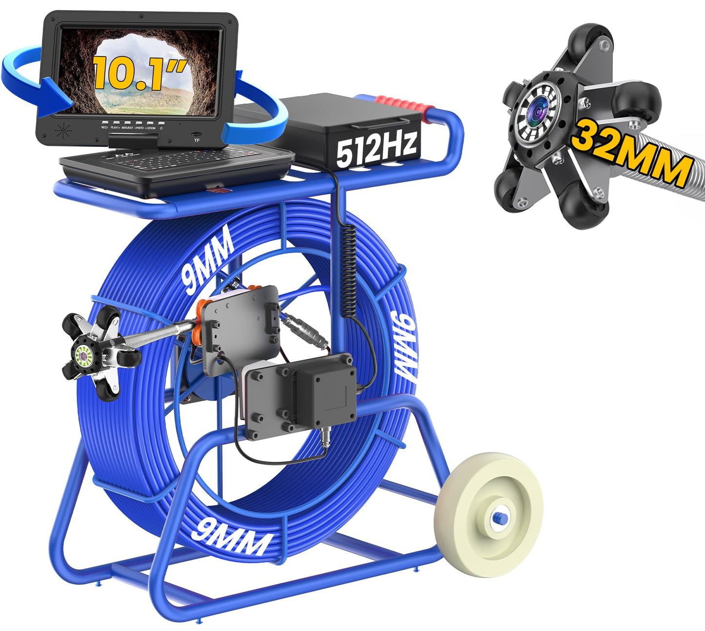 Anysun Sewer Camera Self Leveling with 512Hz Sonde, 9MM 330Ft Thicker Cable w/Wheel, 32MM IP68 Camera, Distance Counter, 1-Touch Video/Audio, 10" Adjustable Screen, Pipe Inspection Camera w/ 32G Card