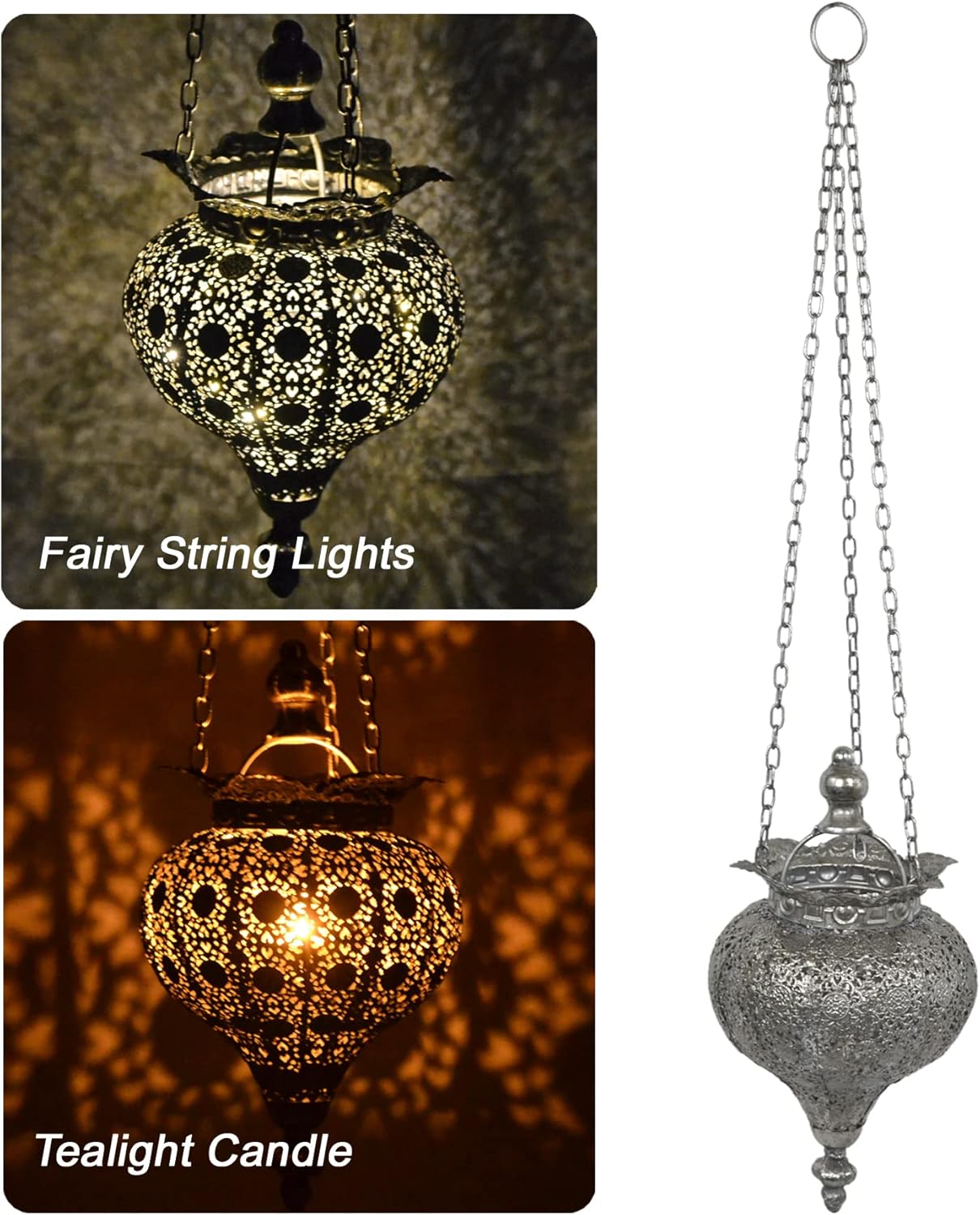 Westcharm Antique Silver Moroccan Lantern - Elegant Metal Hanging Pendant Light for Indoor/Outdoor Use - Small