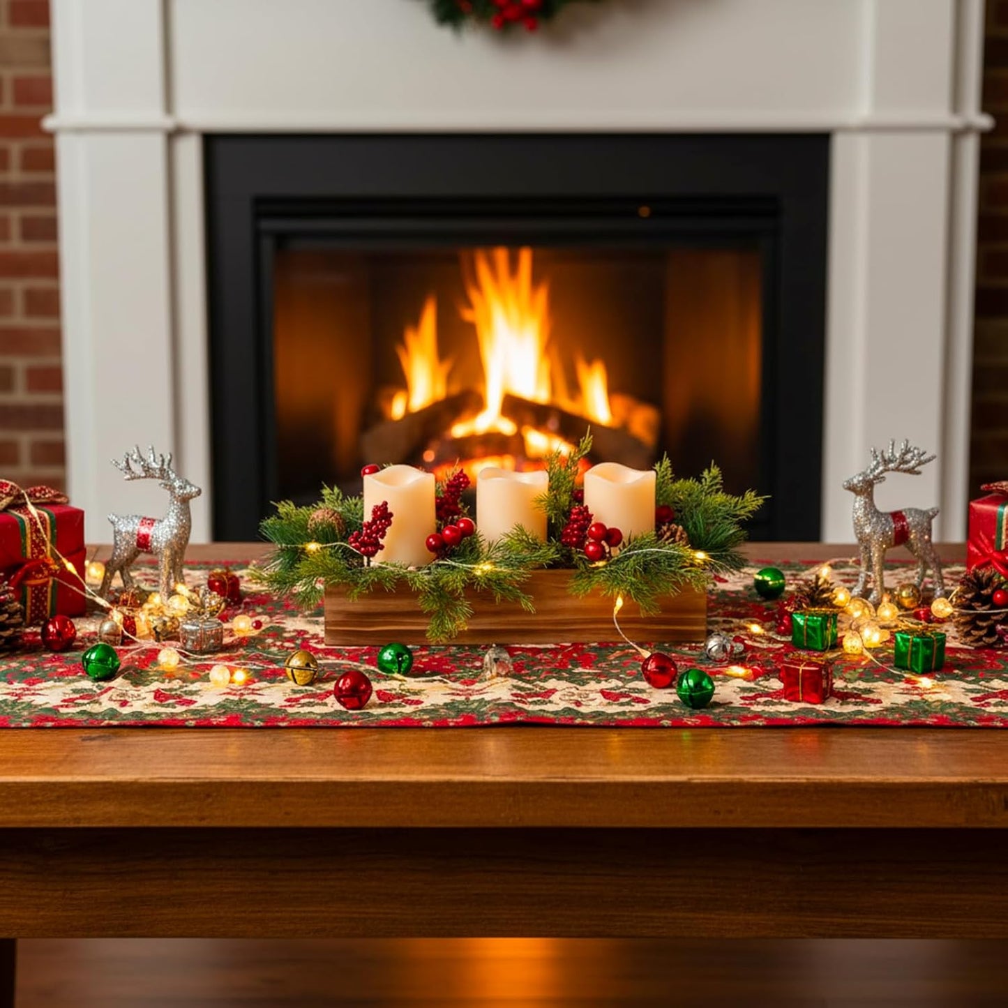 Regine Switzerland Christmas Table Centerpiece - 3 Flameless LED Candles with Pine Cones & Red Berries | Rustic Wood Holders for Holiday Dining & Xmas Party Decor