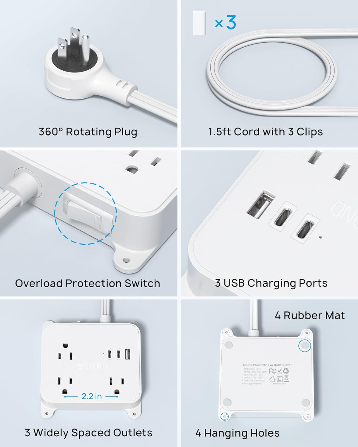 TROND 360 1.5FT 3 2 Rotating Plug Outlet Extender, Short Extension Cord, AC Electrical Extendable Outlet with USB C