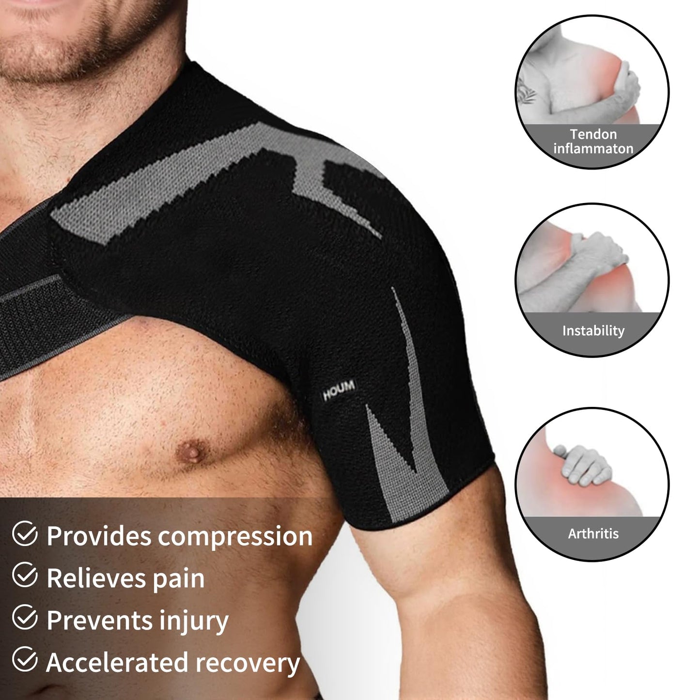 HOUM Rotator Cuff Shoulder Brace with Adjustable Compression Sleeve, Hot/Cold Pack Compatible, Breathable Shoulder Support for Pain Relief, Fits Left/Right Arm, Men & Women (Medium)