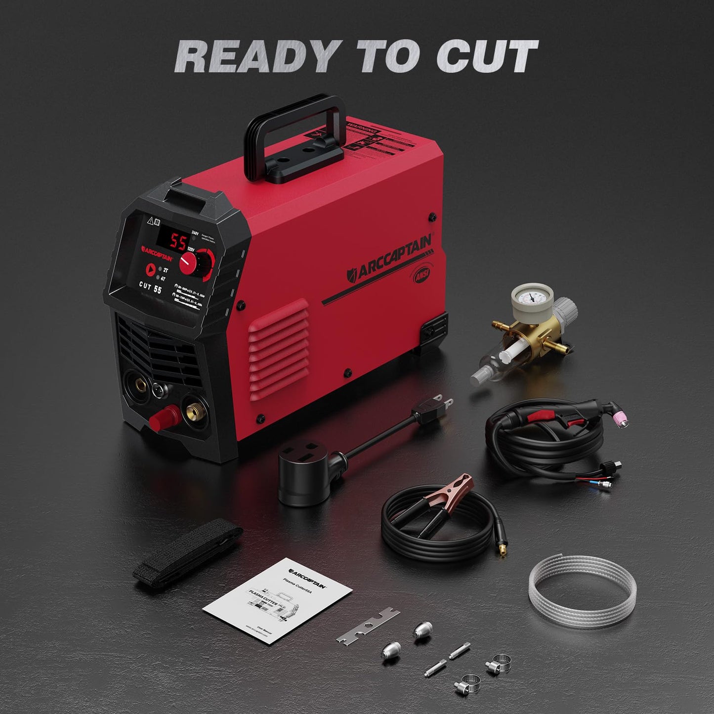ARCCAPTAIN 55A Plasma Cutter, Non-Touch Pilot Arc High-Frequency Plasma Cutting Machine, 120/240V Dual Voltage IGBT Inverter, 1/2" Clean Cut, 2T/4T, for Beginners DIY