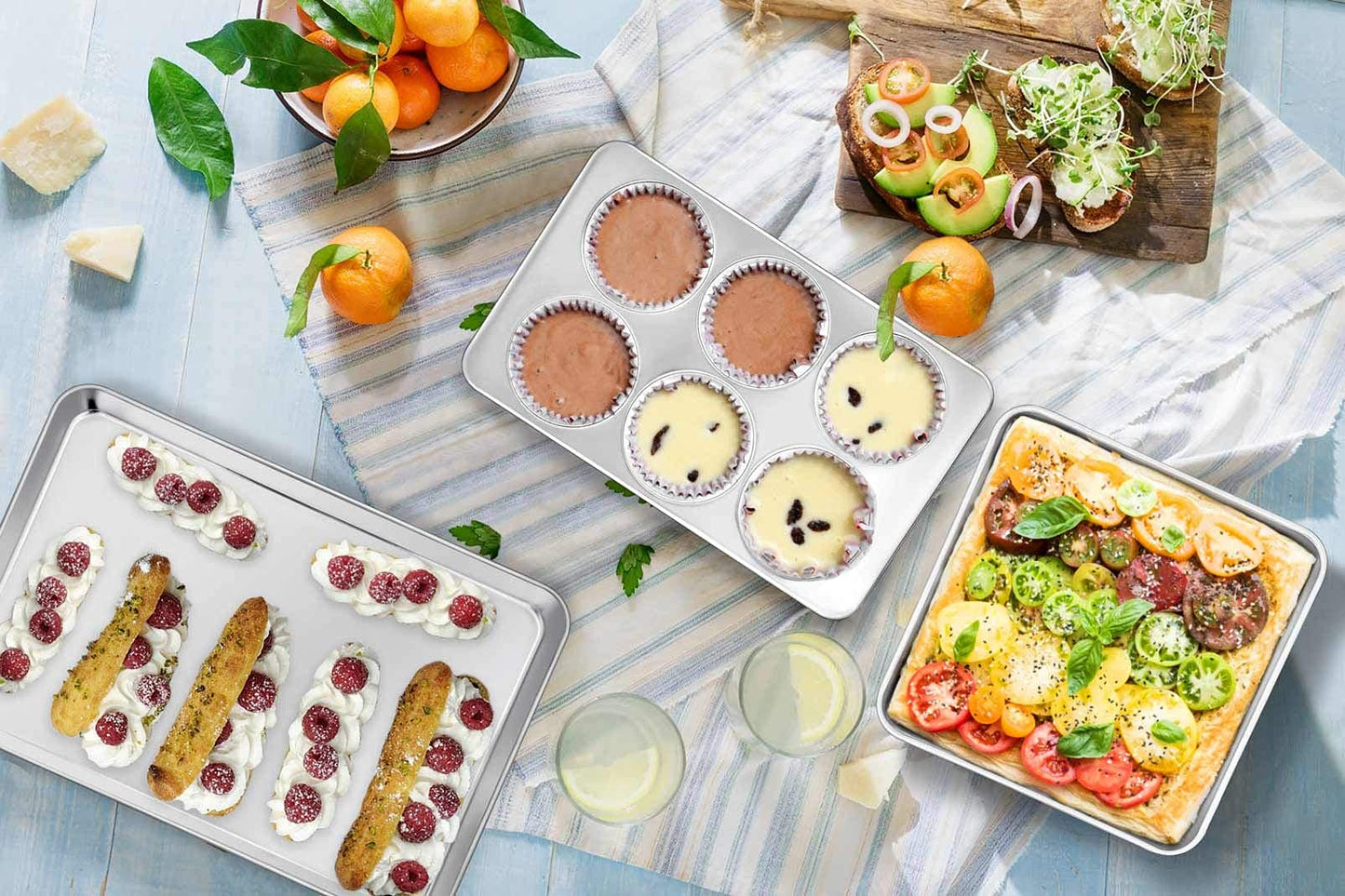 TeamFar Stainless Steel Bakeware Set of 11, Toaster Oven Baking Pan Set, Lasagna Pan, Square & Round Cake Pan, Loaf Pan & Muffin Pan, Healthy & Heavy Duty, Dishwasher Safe & Smooth