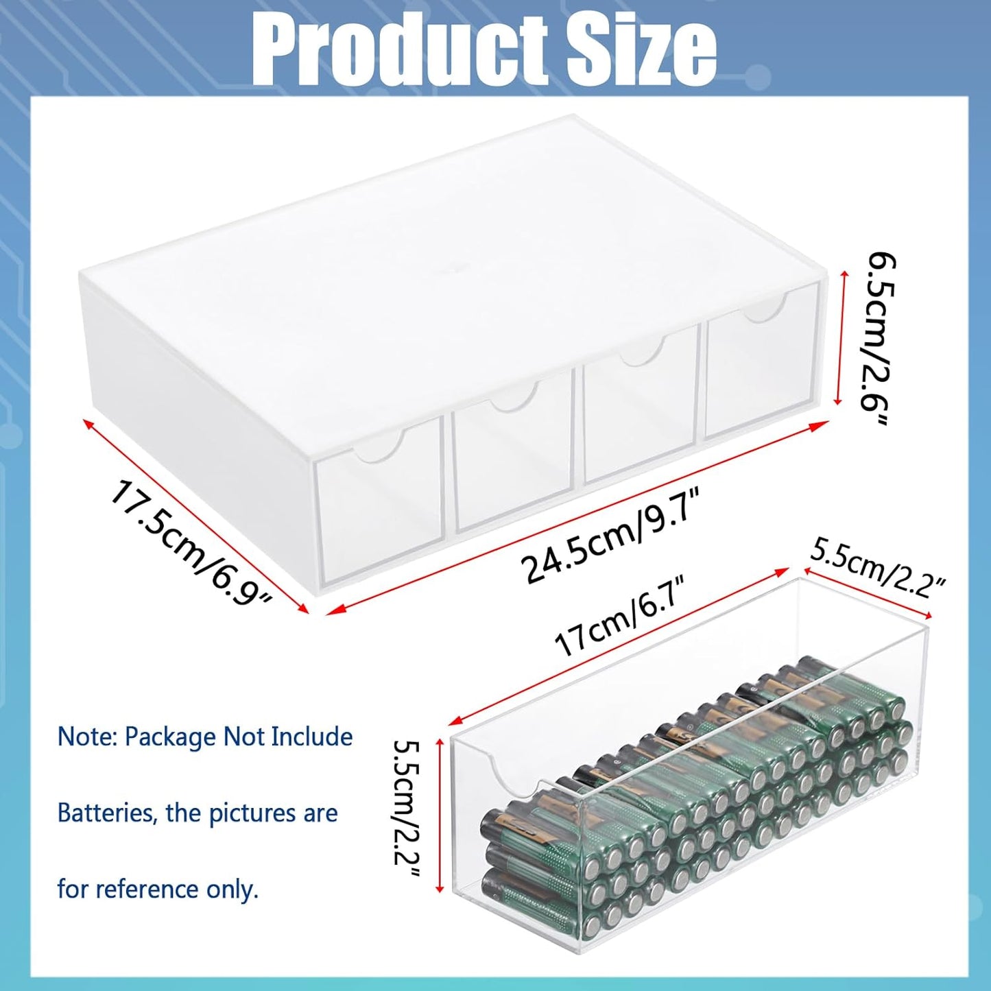 1 Pack 9V, 4-Drawer Common BTSKY White Acrylic Battery Storage Organizer for AA, AAA, C Batteries, Storage Box Battery