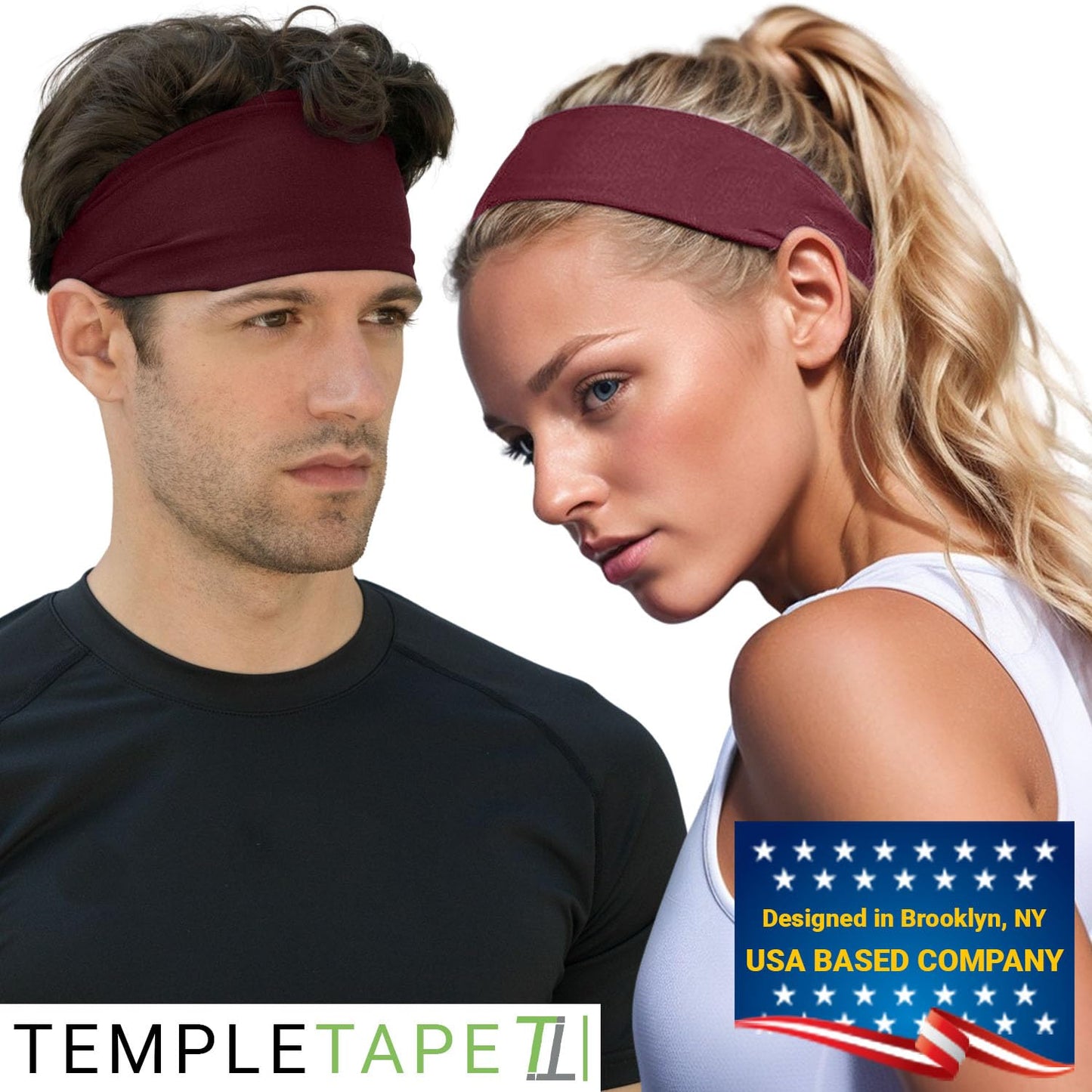 Temple Tape, Headbands for Men and Women - Mens Sweatband & Sports Headband Moisture Wicking Workout Sweatbands for Running, Cross Training, Yoga and Bike Helmet Friendly - Burgundy