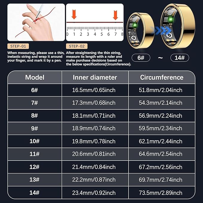 Health Tracker Ring, Smart Health Ring for Women Men with Heart Rate, Blood Oxygen, Sleep Monitor, Steps,Calories, No Subscription Fee, IP68 Waterproof Smart Ring for iPhone & Android (Gold, 8#)