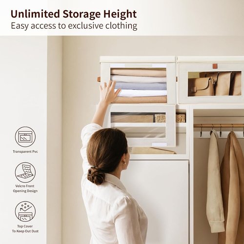 Homsorout Large Closet Storage Bins - Collapsible Clothing Organizers with Handles & Windows | 8-Pack Beige