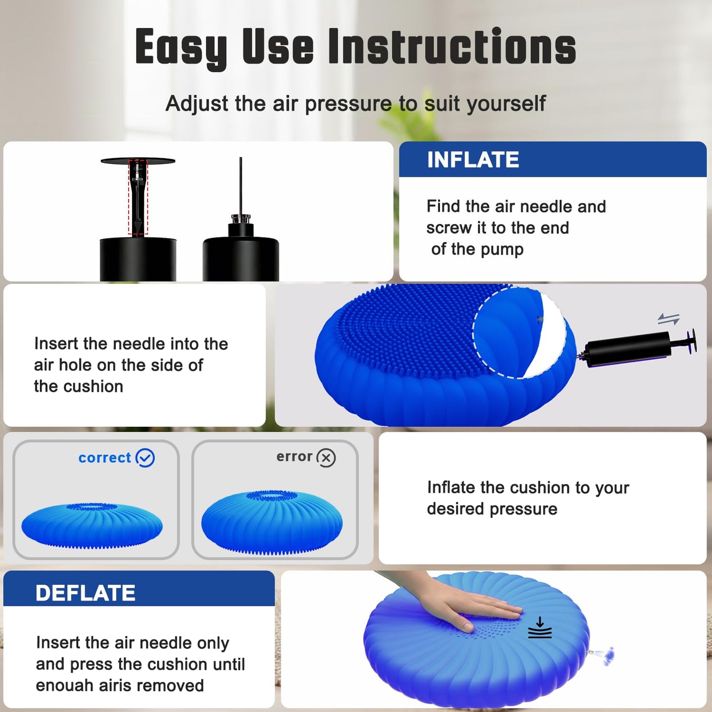 Hanstuten Wobble Cushion Core Balance Disc, Wiggle Seat for Sensory Kids to Stay Focused, Non-slip Balance Pads with Inflation Pump for Physical Therapy & Core Strength (1Blue)