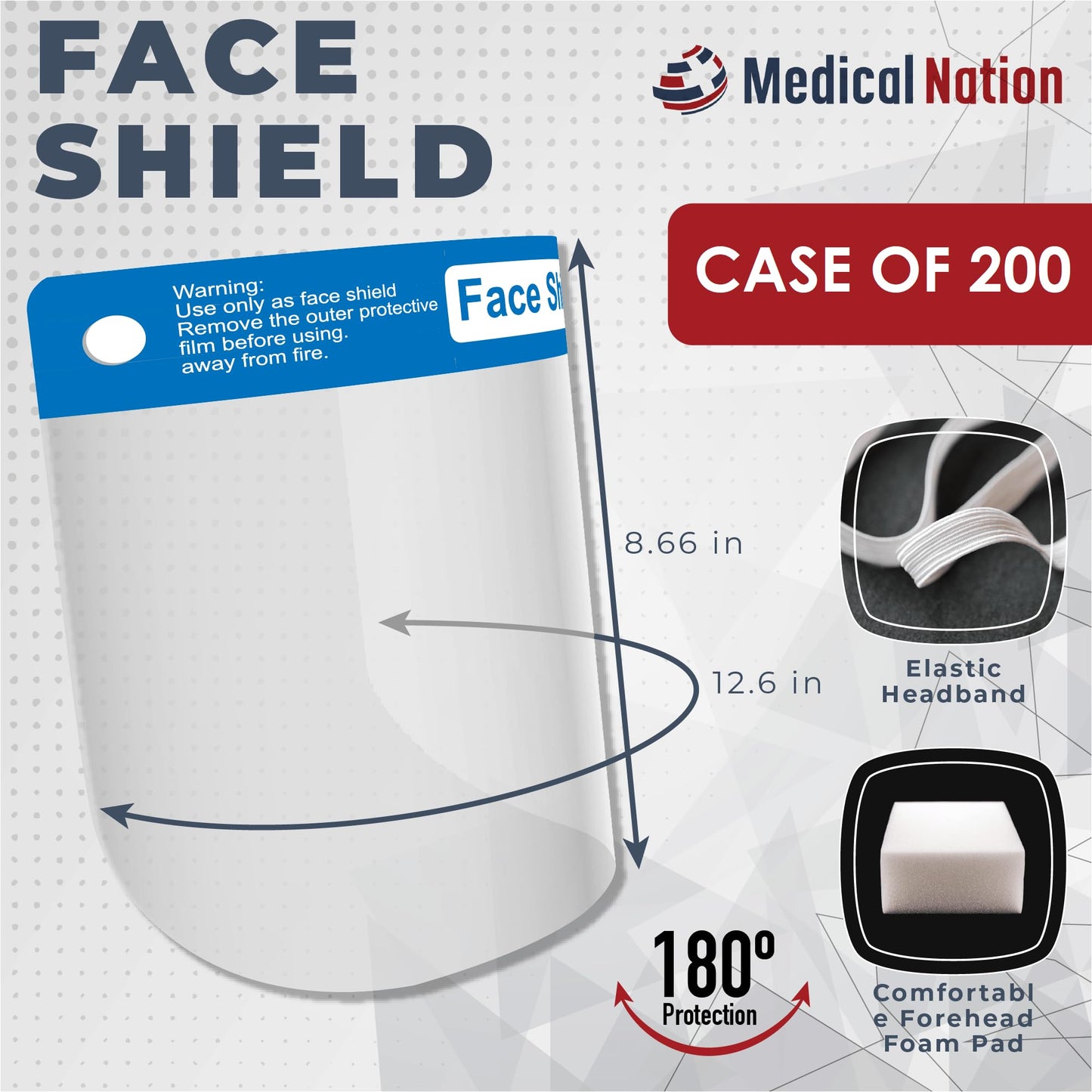 Medical Nation Face Shield | Case of 200 | Clear Plastic Face Shields for Women, Men & Kids, Anti-Fog, Lightweight Reusable Face Shield Mask, Safety Visor Cover with Comfortable Sponge & Elastic Band