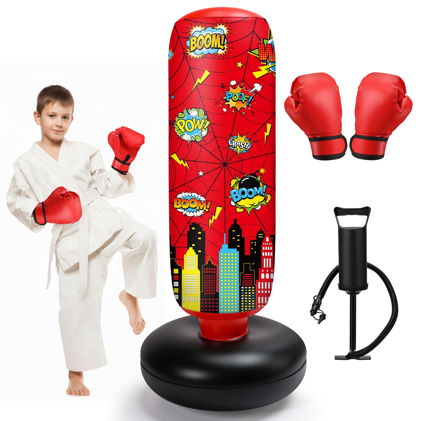 Jenaai 3 in 1 Inflatable Punching Bag for Kids 40" Boxing Kit with Gloves Air Pump Freestanding Punching Bag for Daily Exercise Karate Taekwondo, Birthday Easter Gift for Kids(Spiderweb)