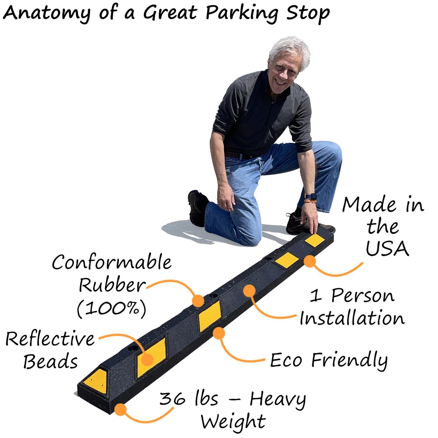SmartSign Rubber Parking Curb, (Pack of 10) Heavy Duty Parking Stops with Yellow Reflective Stripe Chevrons, 72" Long (6ft), Wheel Stops for Parking Lots/Garage/Cars/Trucks, Pre-Drilled Holes