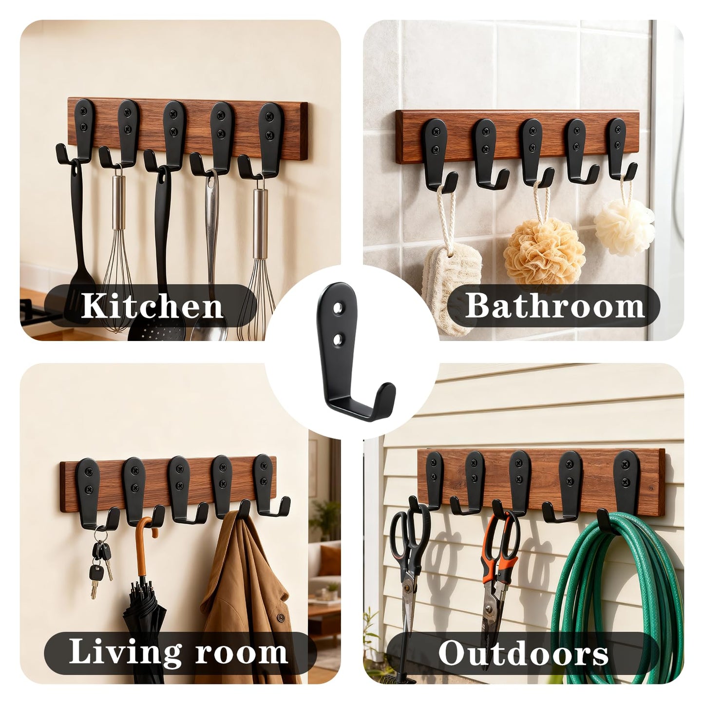 IBERDE Stainless Steel Hooks for Hanging, Heavy Duty Hook, Wall Hooks Key Holder Wall Mount Hanger Coat Hook Garage Storage Screw Utility Hooks, 8 Pack (Black)