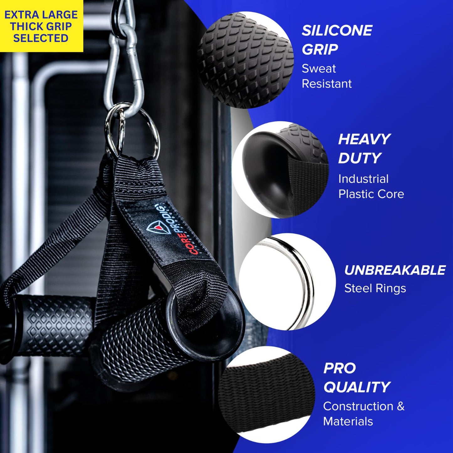 Core Prodigy Heavy Duty Exercise Handles Extra Large Size - Grip Attachments for Cable Machine Pulleys, Gym Equipment, Resistance Bands, and Weight Lifting (Fat/Thick)