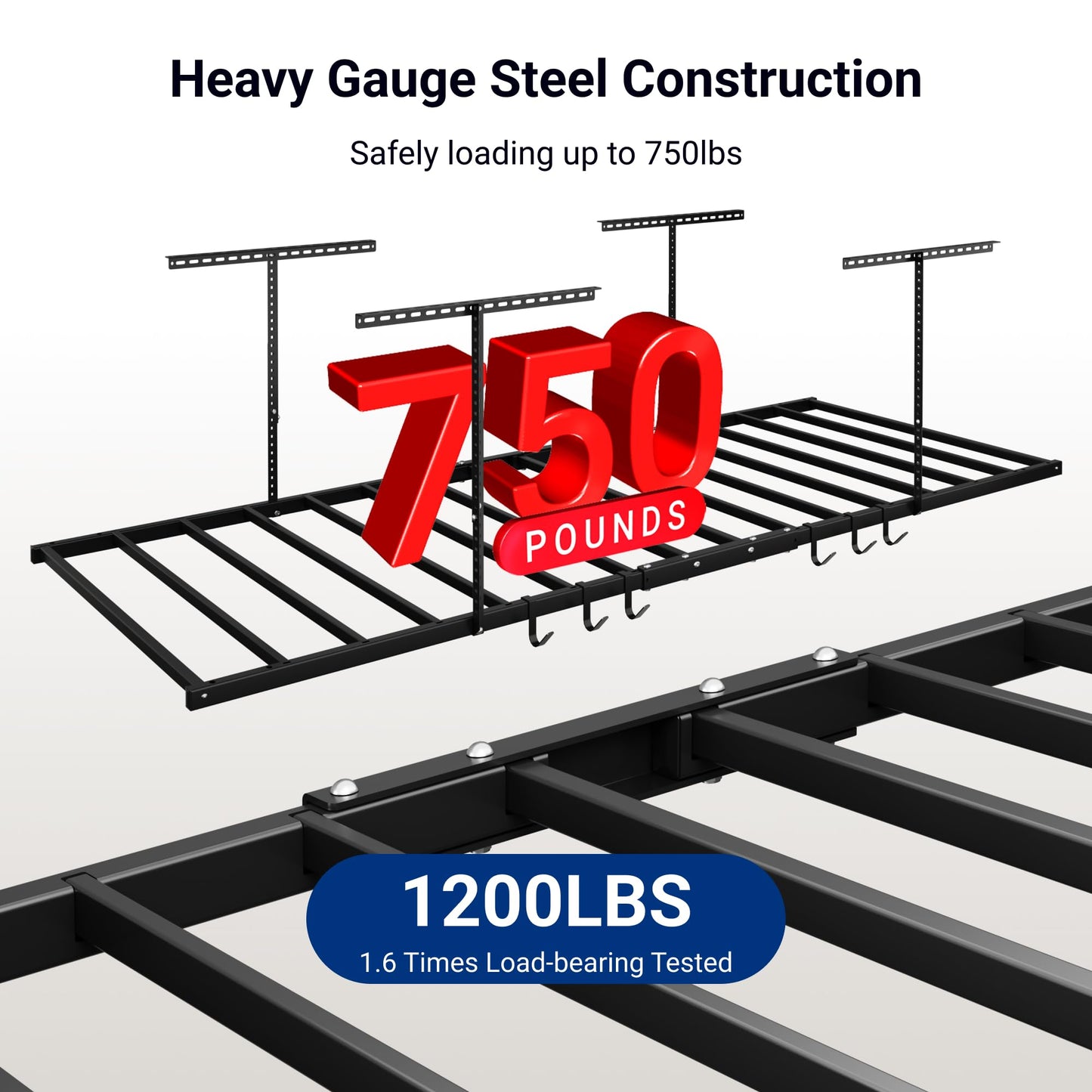 FLEXIMOUNTS 4x8 Overhead Garage Storage Rack with 6 Hooks, Adjustable Storage Organization System, Heavy-Duty Metal Ceiling Racks, 22.6" -39.4" Ceiling Dropdown, Black, Lite Series